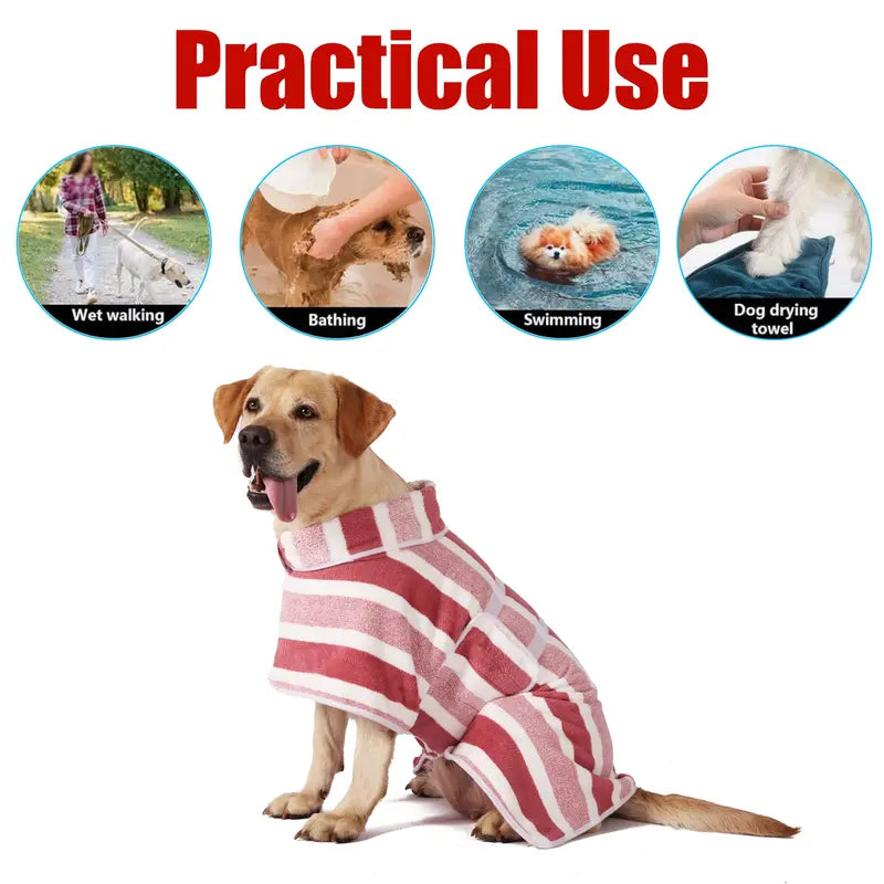 Quick-Drying Dog Bathrobe - Striped Super Absorbent Pet Towel Robe with Adjustable Belly Band