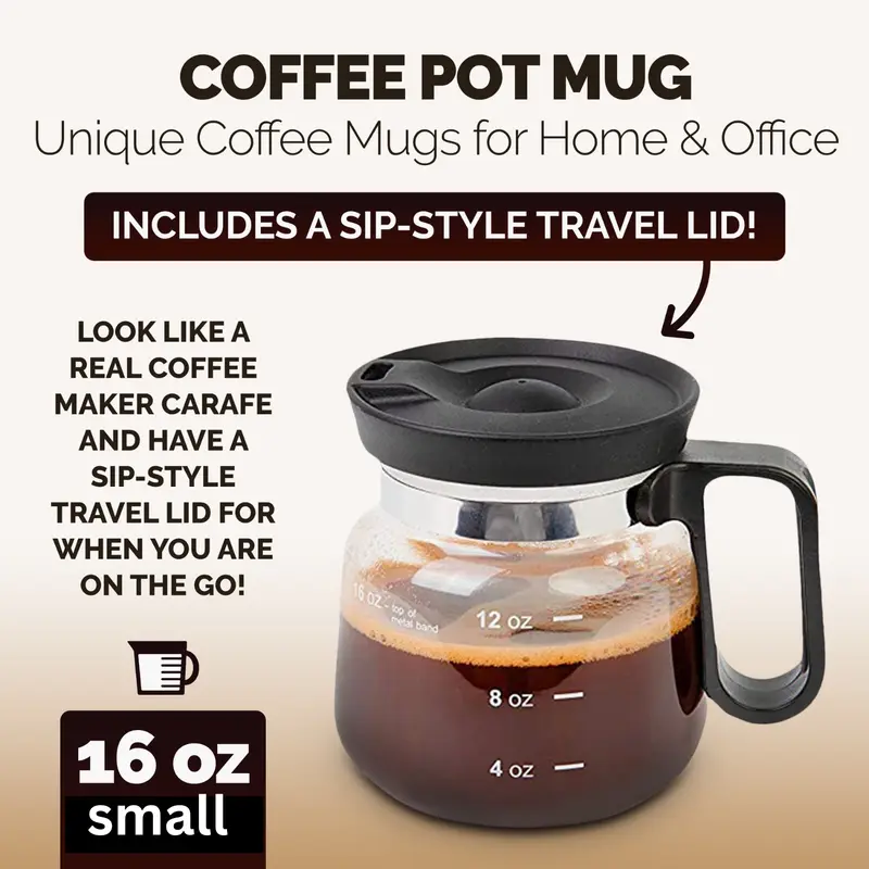 The "Mini Carafe" 16oz Coffee Pot Mug - Fun Novelty Glass with Sip Lid