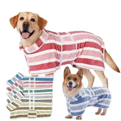 Quick-Drying Dog Bathrobe - Striped Super Absorbent Pet Towel Robe with Adjustable Belly Band