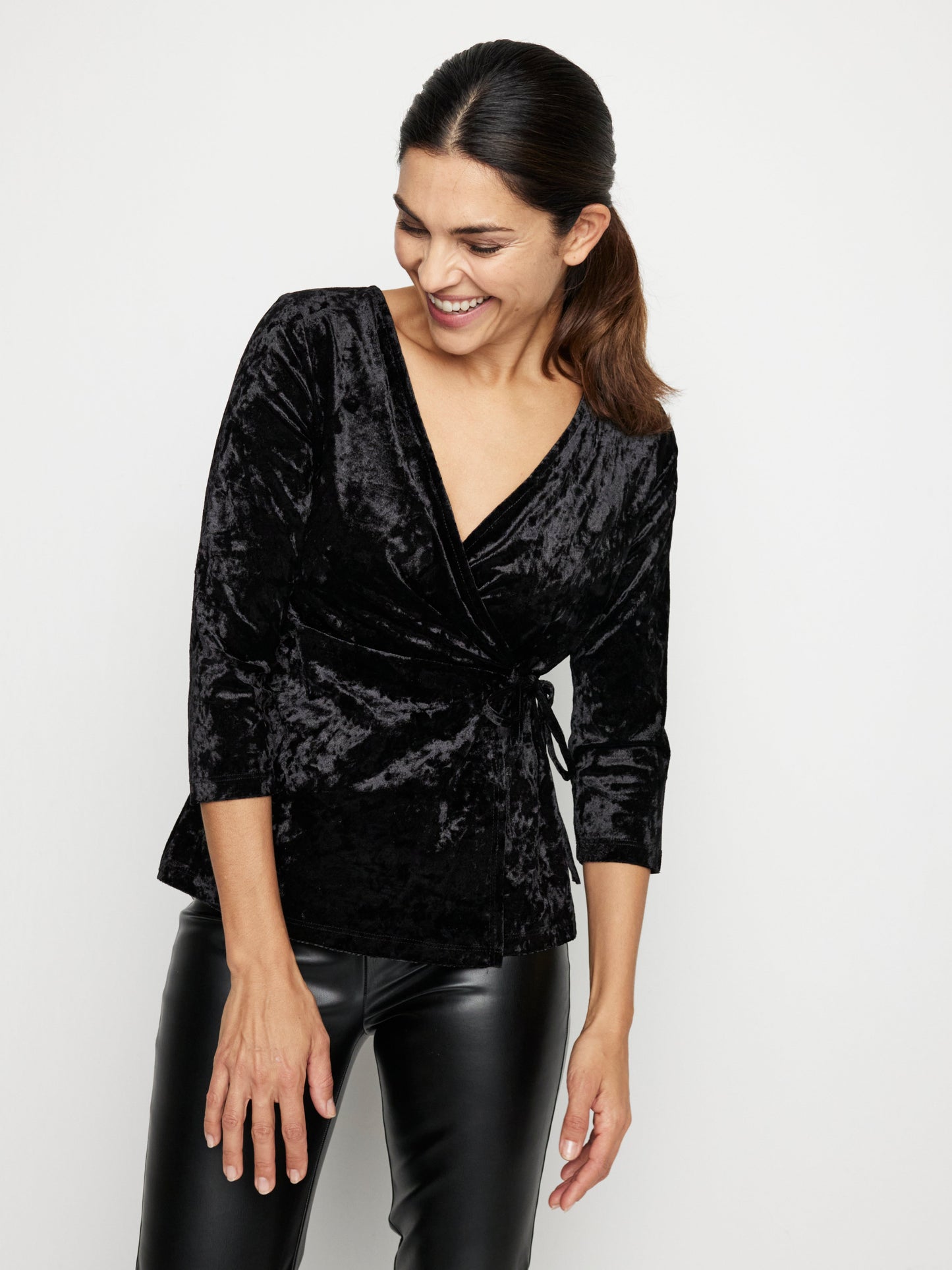 Solid Crushed Velvet Surplice Front Top