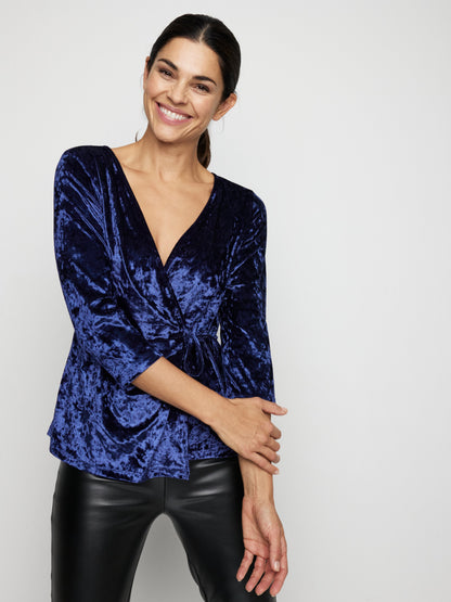 Solid Crushed Velvet Surplice Front Top
